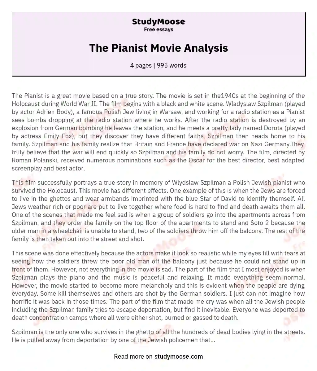 The Pianist Movie Analysis essay