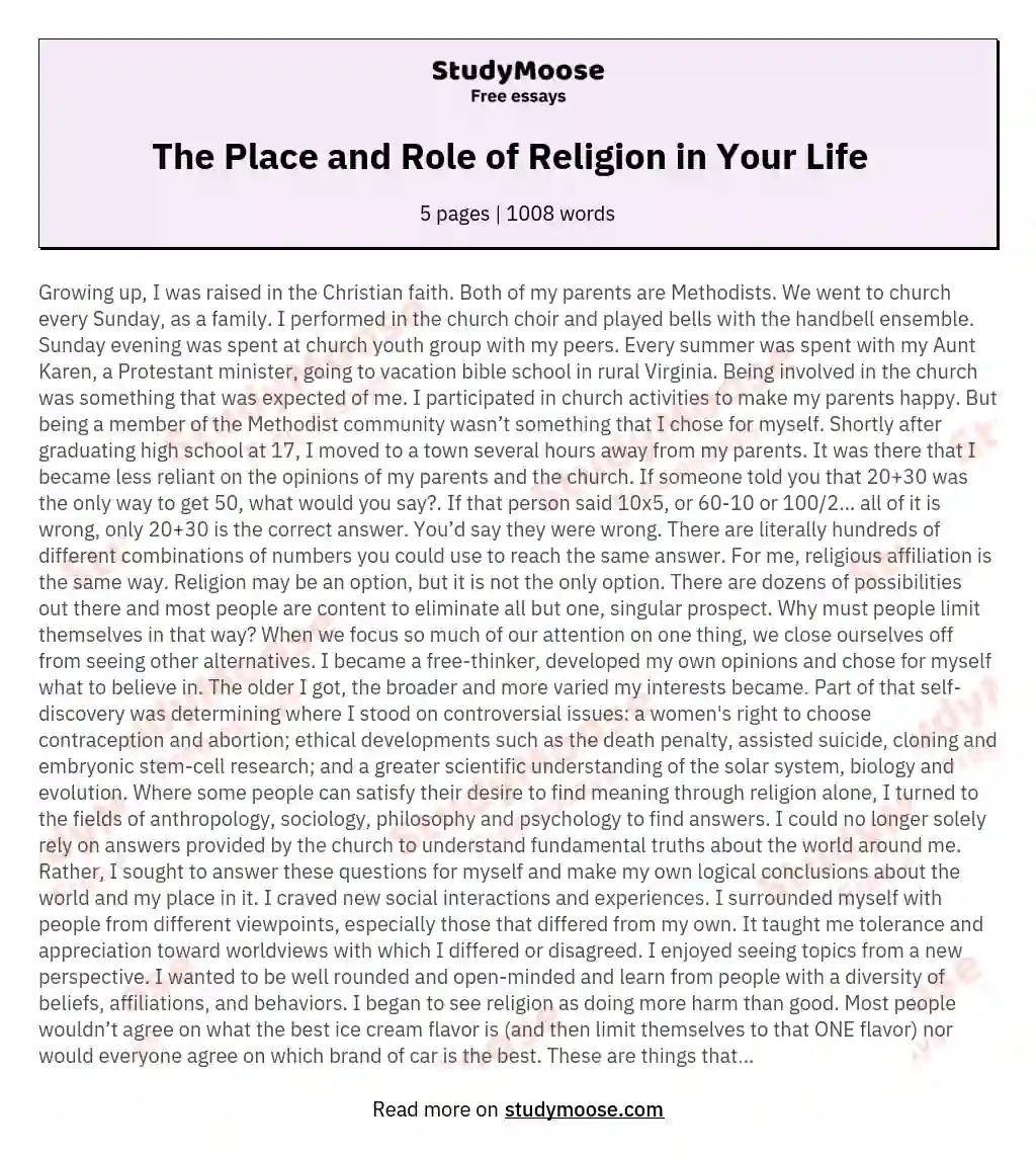 The Place and Role of Religion in Your Life   essay