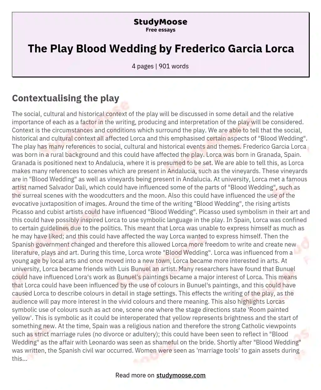 The Play Blood Wedding by Frederico Garcia Lorca essay