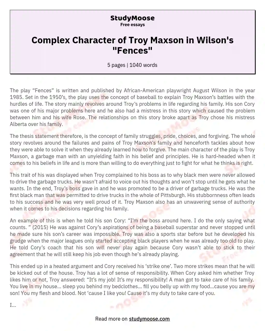Complex Character of Troy Maxson in Wilson's "Fences" essay