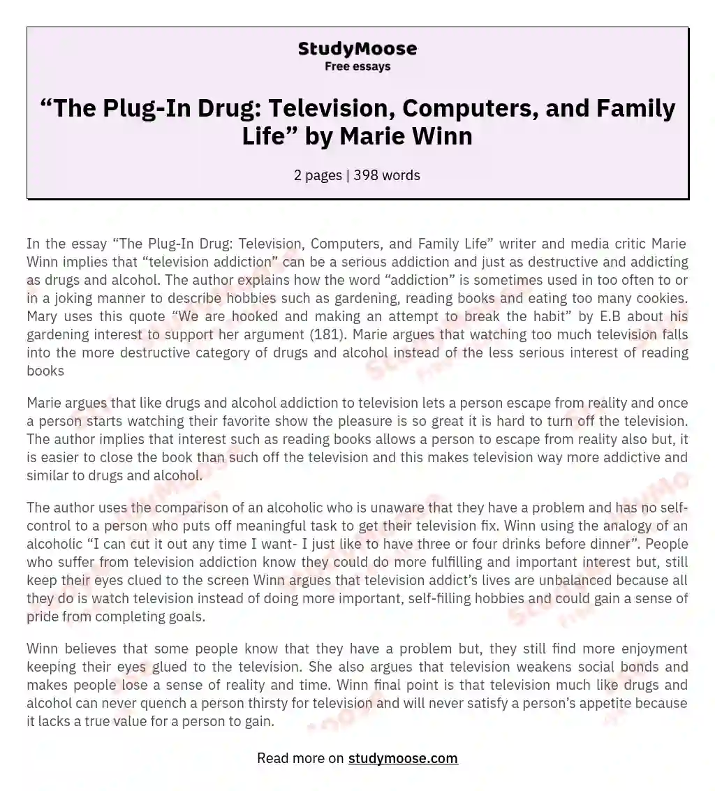 “The Plug-In Drug: Television, Computers, and Family Life” by Marie Winn essay