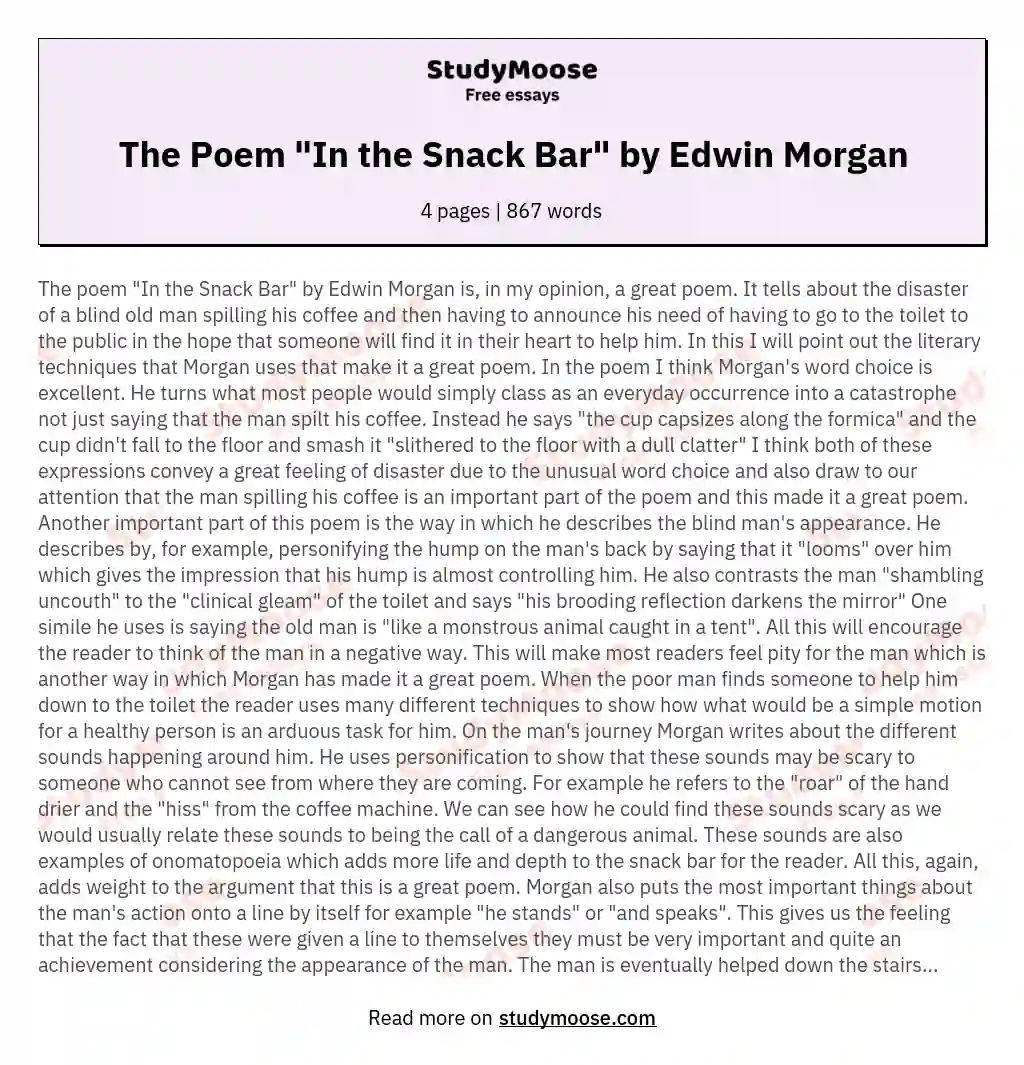 The Poem "In the Snack Bar" by Edwin Morgan essay