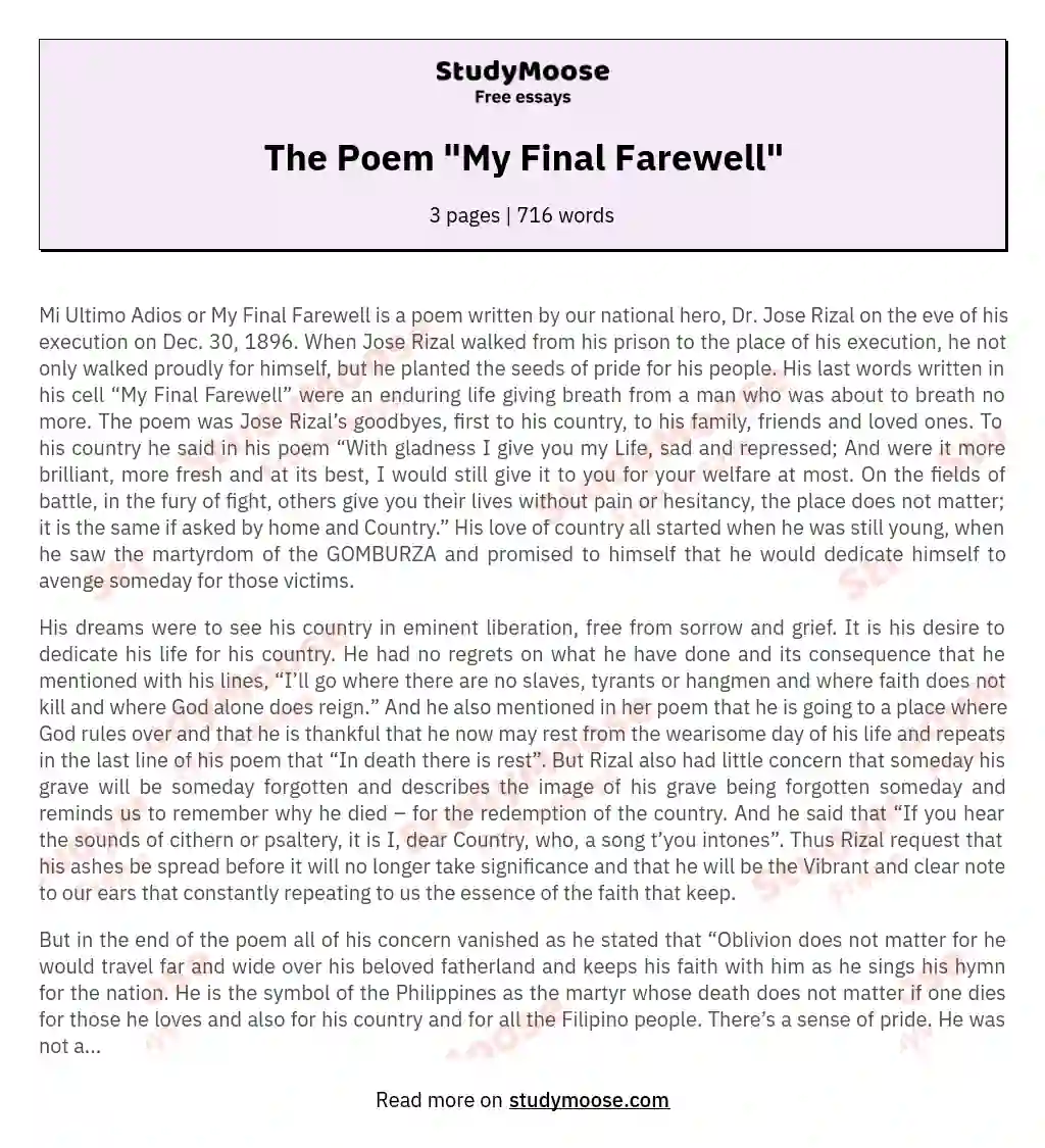 The Poem "My Final Farewell" essay