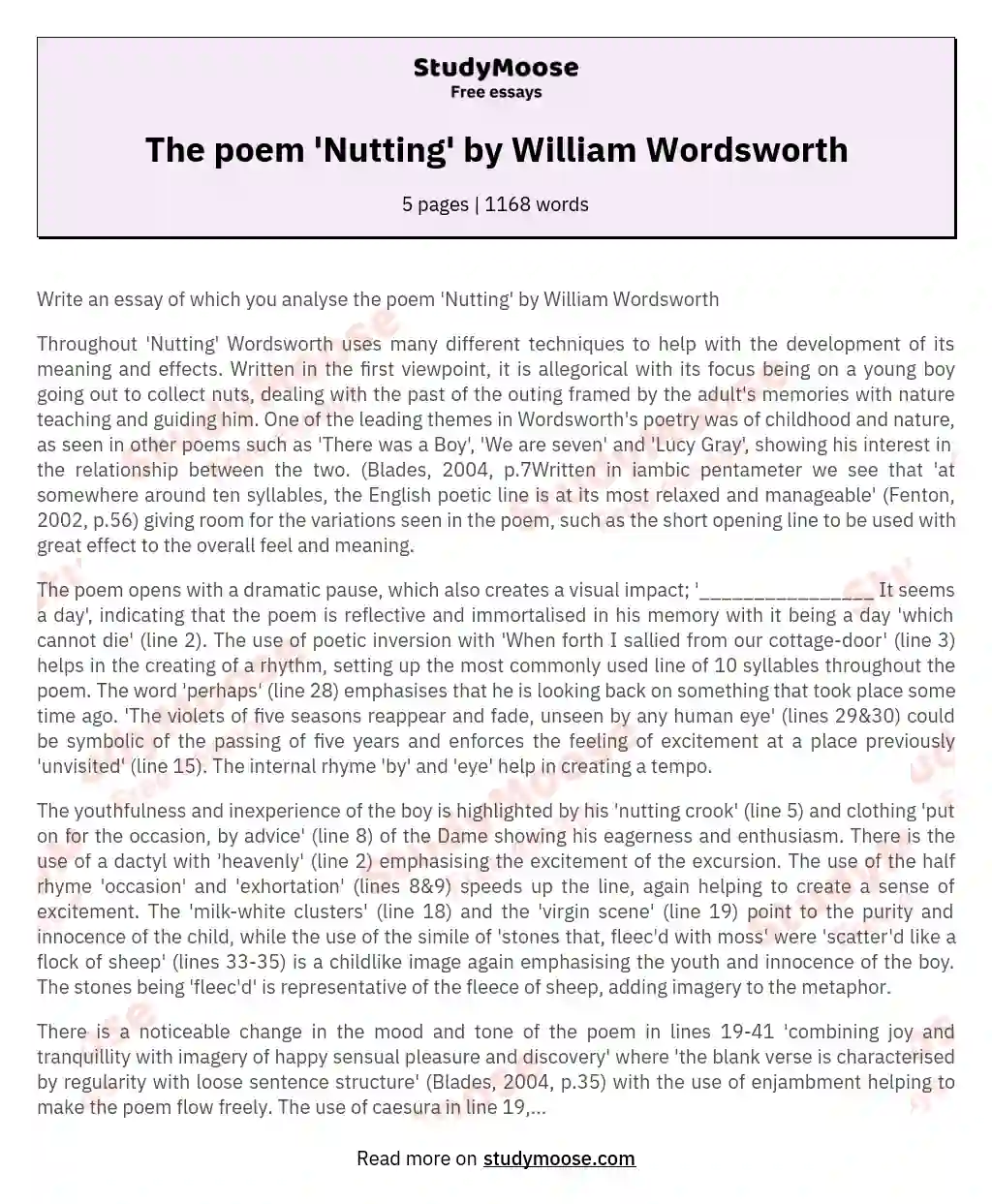 The poem 'Nutting' by William Wordsworth essay