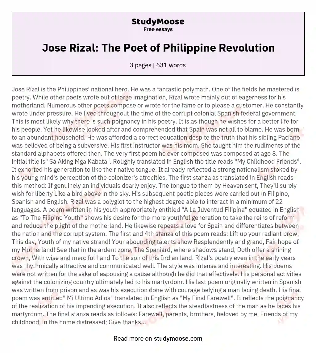 Jose Rizal: The Poet of Philippine Revolution essay