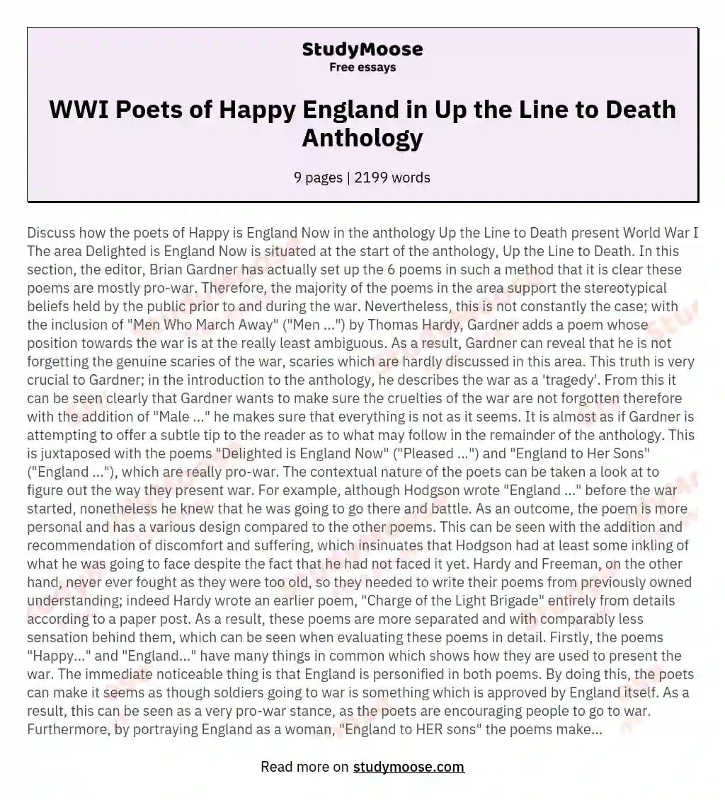 WWI Poets of Happy England in Up the Line to Death Anthology essay
