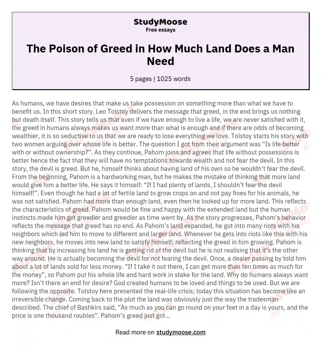 The Poison of Greed in How Much Land Does a Man Need essay