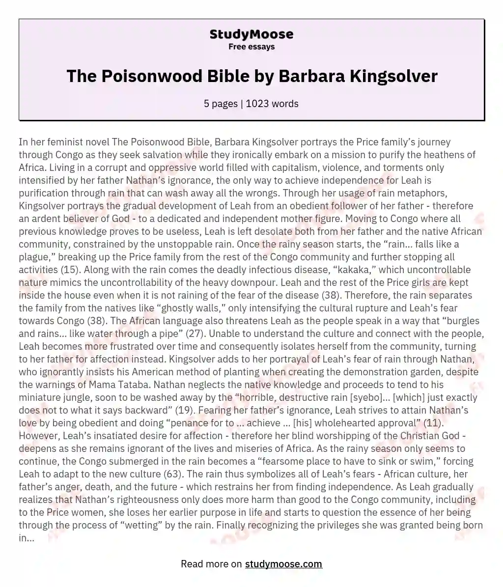 The Poisonwood Bible by Barbara Kingsolver essay
