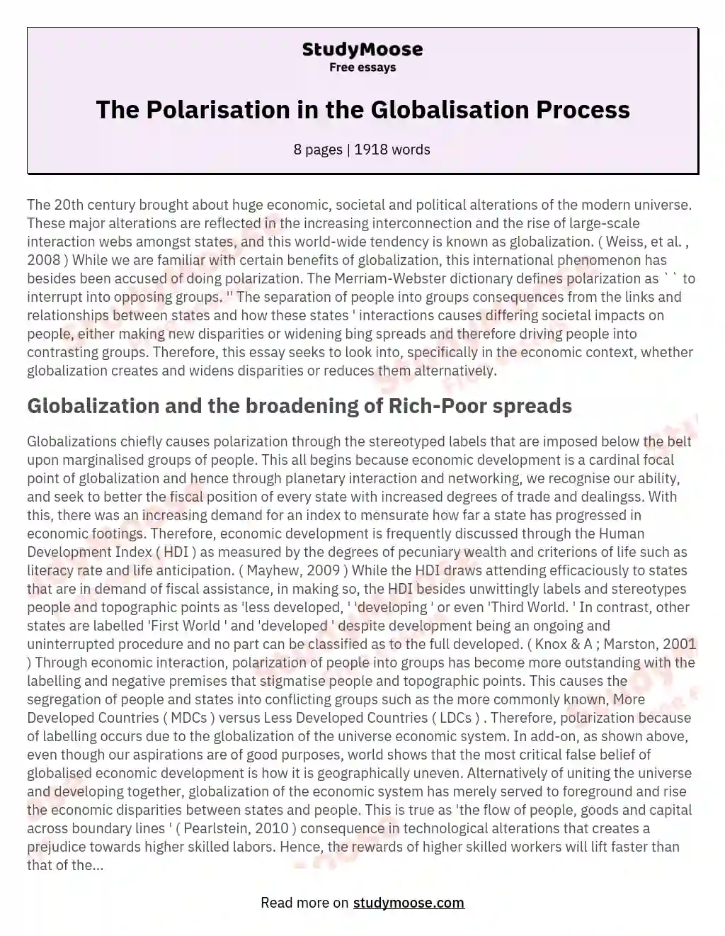 The Polarisation in the Globalisation Process essay