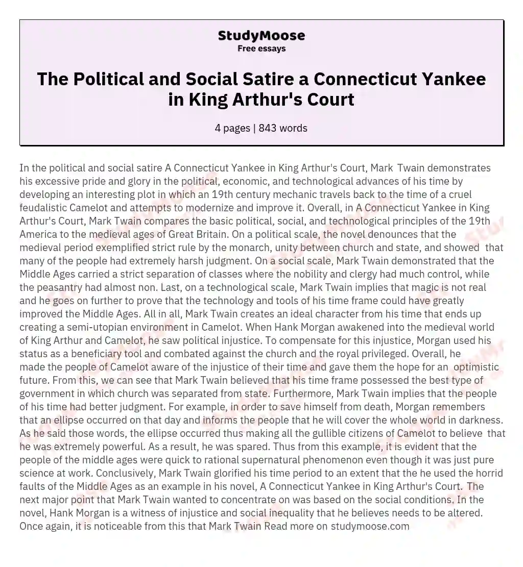 The Political and Social Satire a Connecticut Yankee in King Arthur's Court essay
