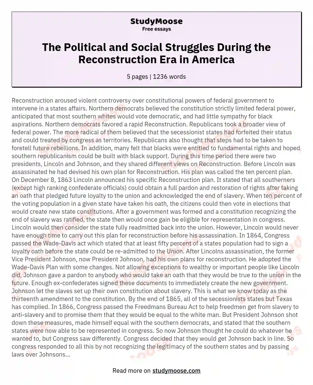 The Political and Social Struggles During the Reconstruction Era in America essay