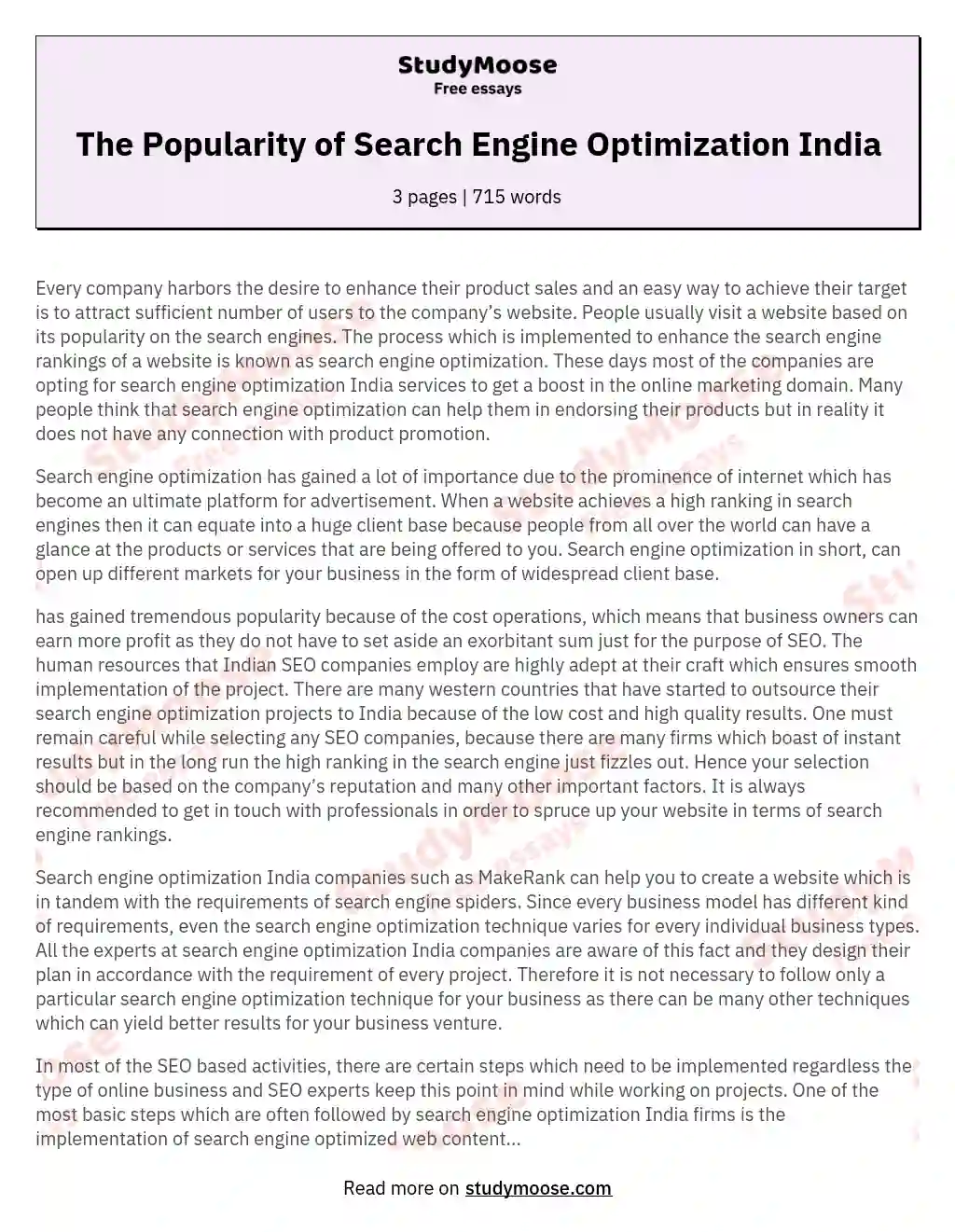 The Popularity of Search Engine Optimization India essay