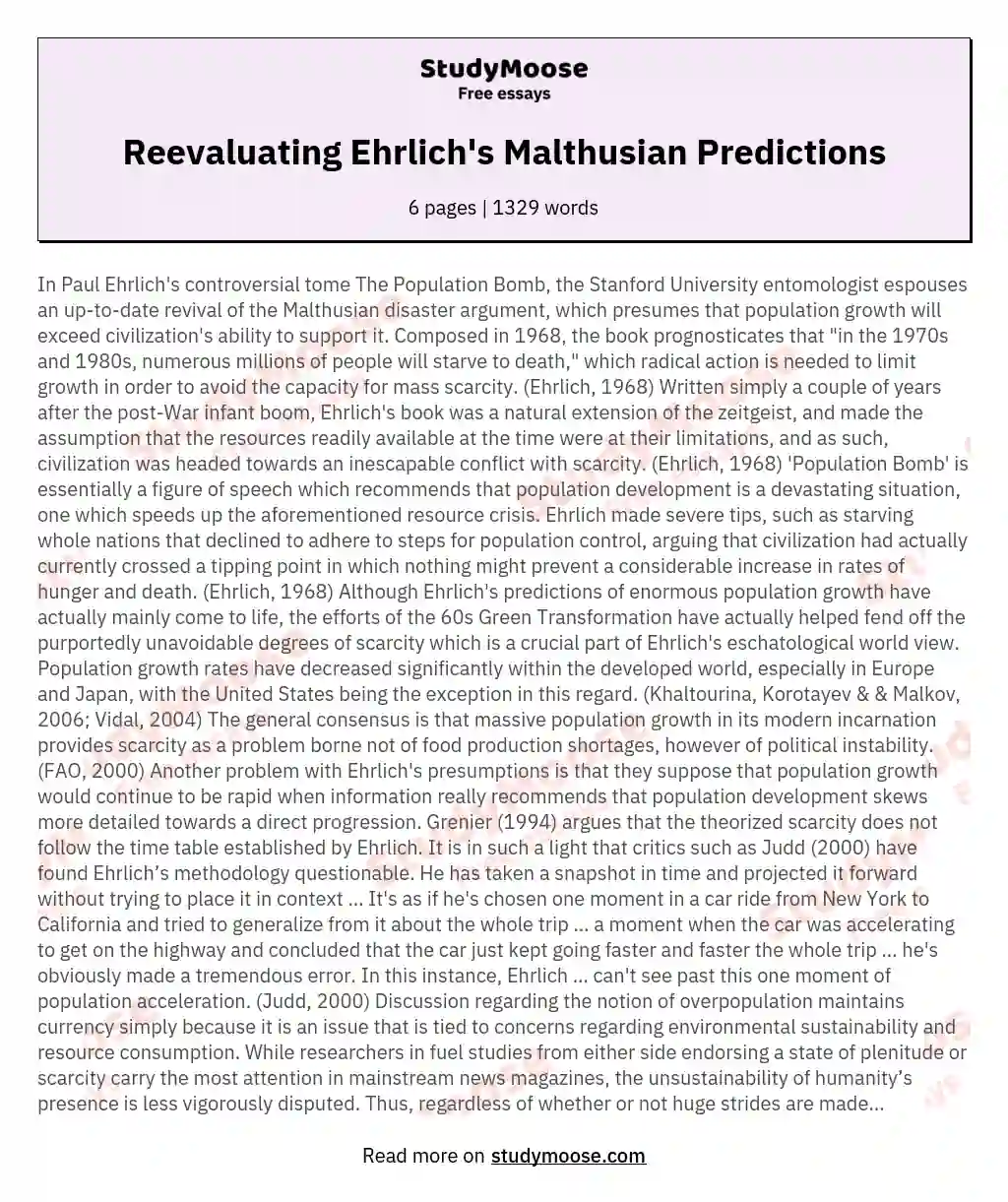 Reevaluating Ehrlich's Malthusian Predictions essay