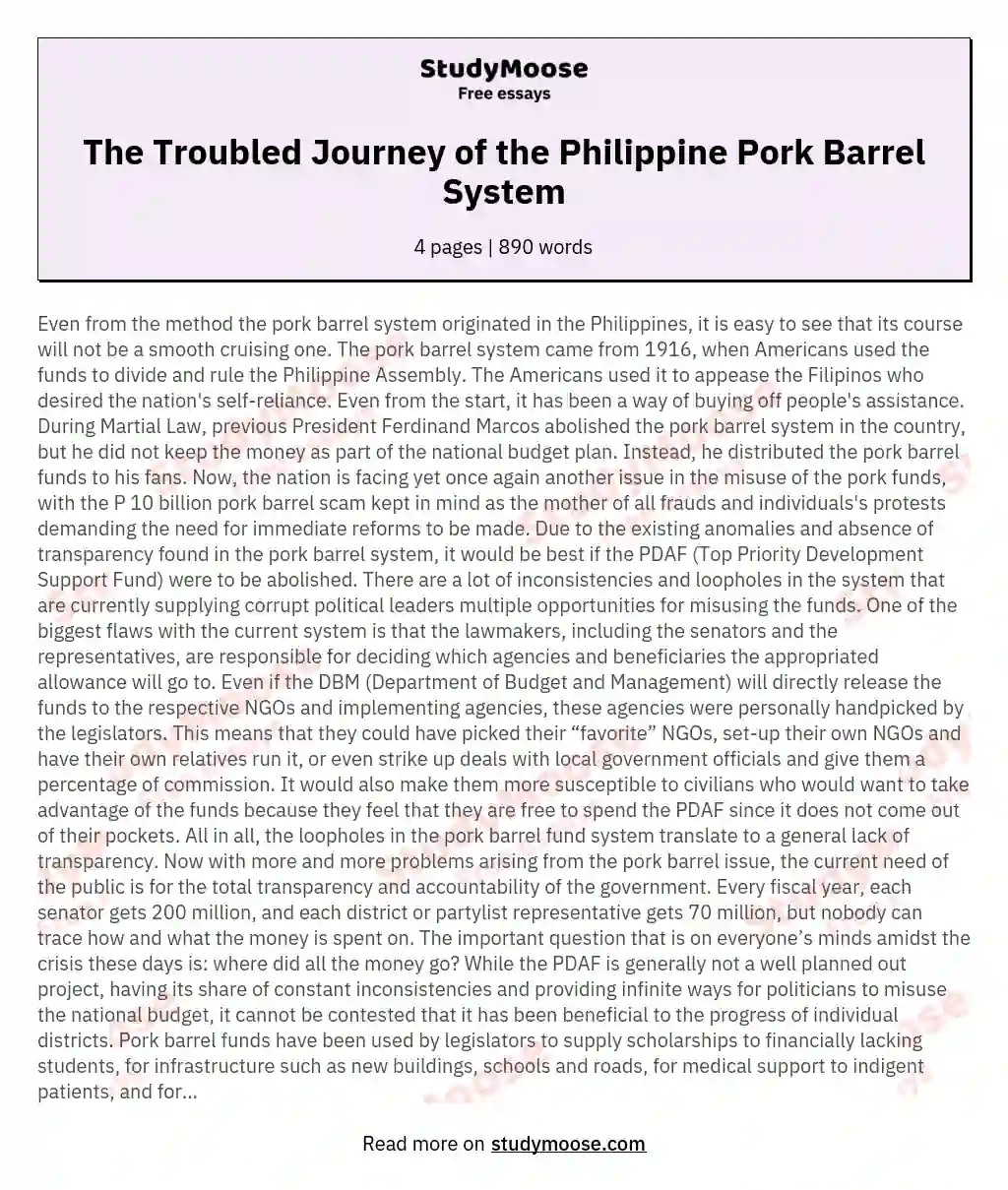 The Troubled Journey of the Philippine Pork Barrel System essay