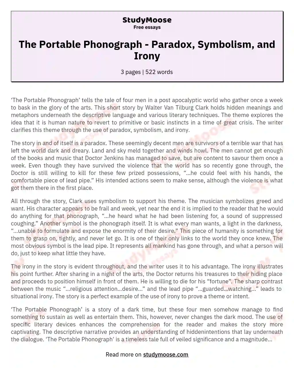The Portable Phonograph - Paradox, Symbolism, and Irony essay