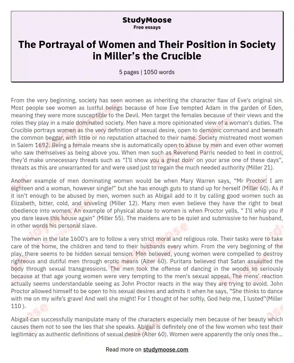 The Portrayal of Women and Their Position in Society in Miller’s the Crucible essay
