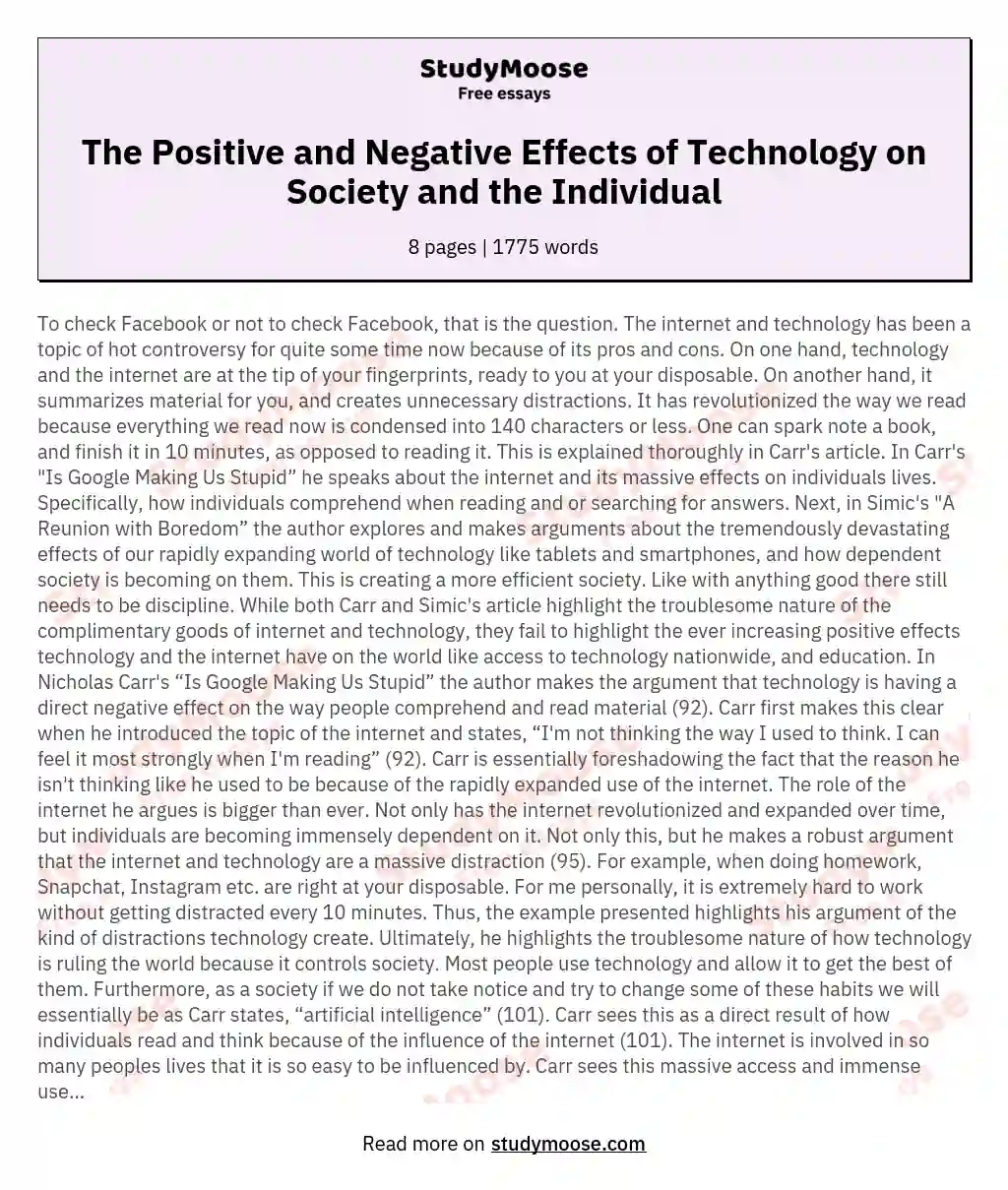 The Positive and Negative Effects of Technology on Society and the Individual