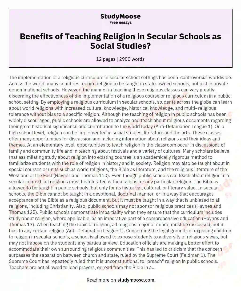 Implementing Religious Curriculum in Public Schools: Controversies and Benefits essay