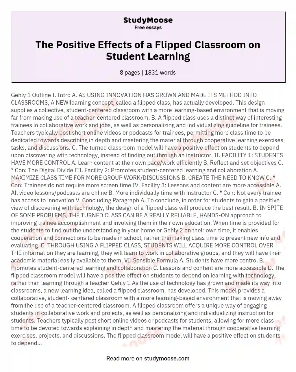 The Positive Effects of a Flipped Classroom on Student Learning essay