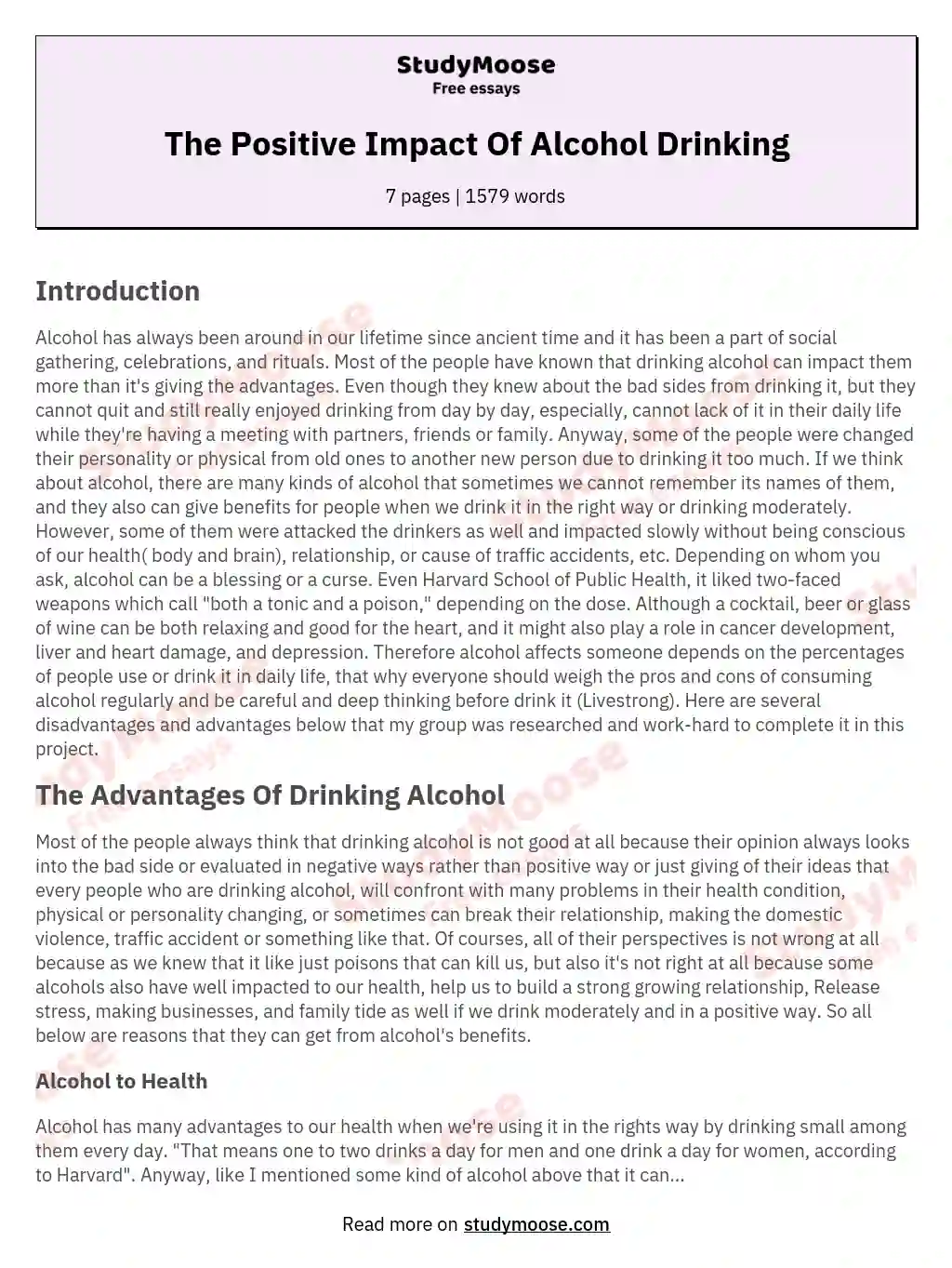 The Positive Impact Of Alcohol Drinking essay