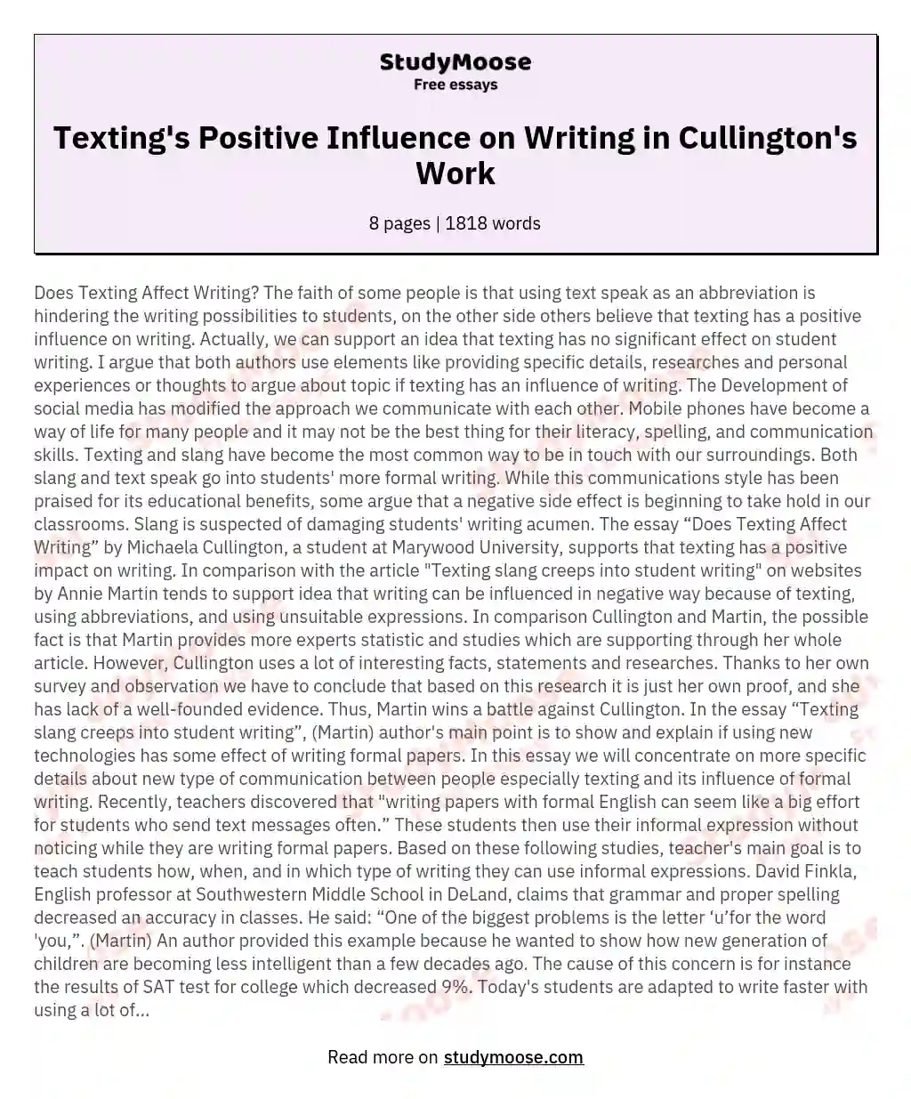 The Positive Impact of Texting on Writing in Michaela Cullington's Does Texting Affect Writing