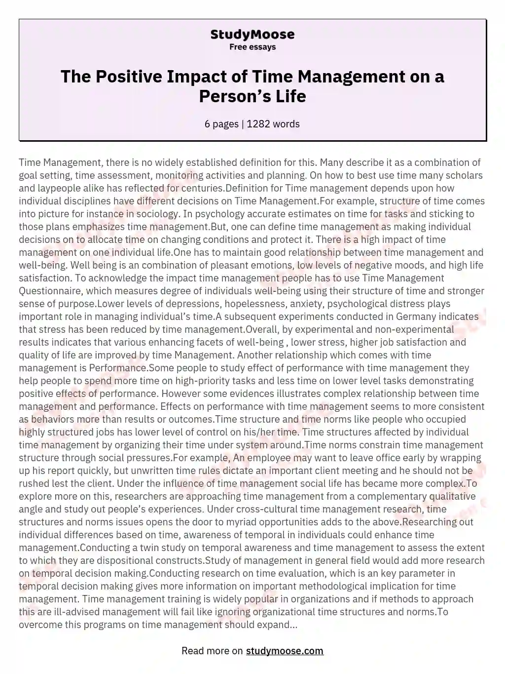 The Positive Impact of Time Management on a Person’s Life essay