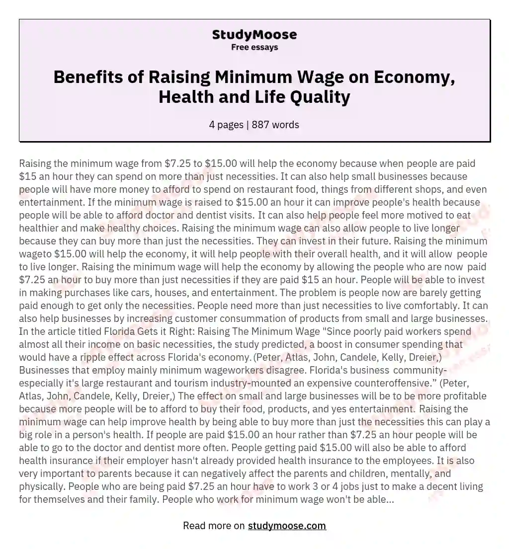 Benefits of Raising Minimum Wage on Economy, Health and Life Quality essay