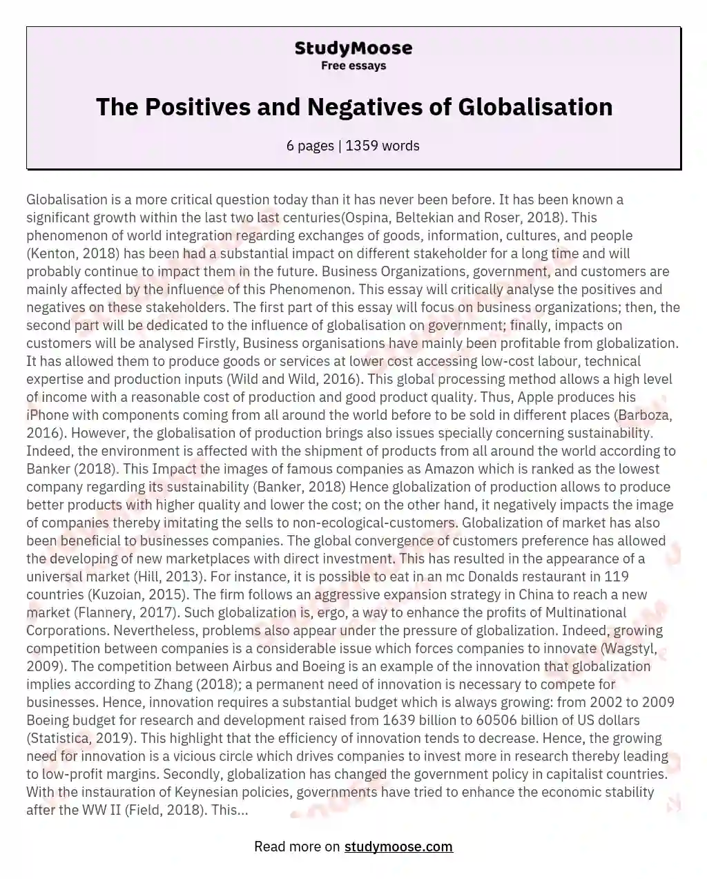 The Positives and Negatives of Globalisation essay