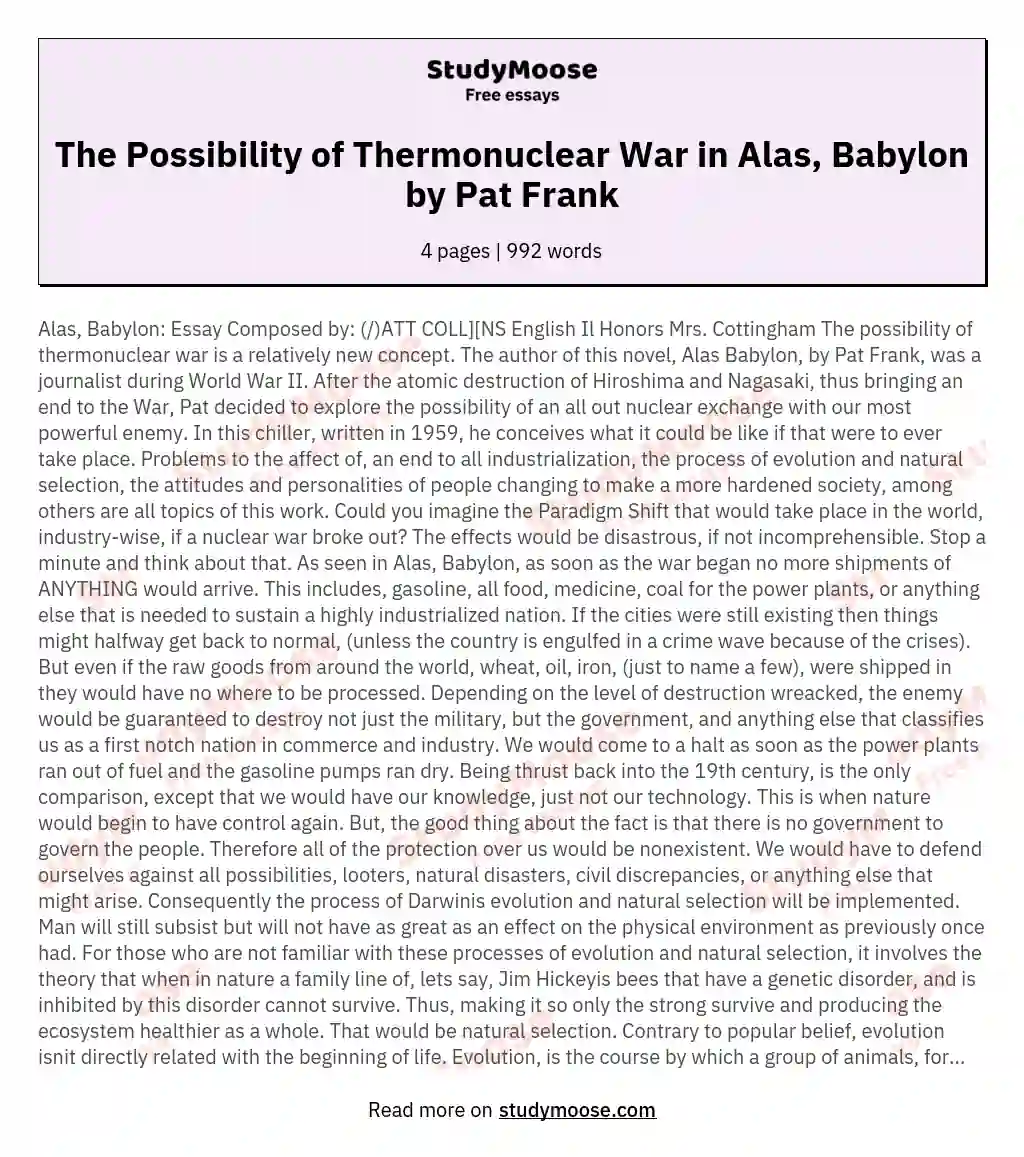 The Possibility of Thermonuclear War in Alas, Babylon by Pat Frank essay