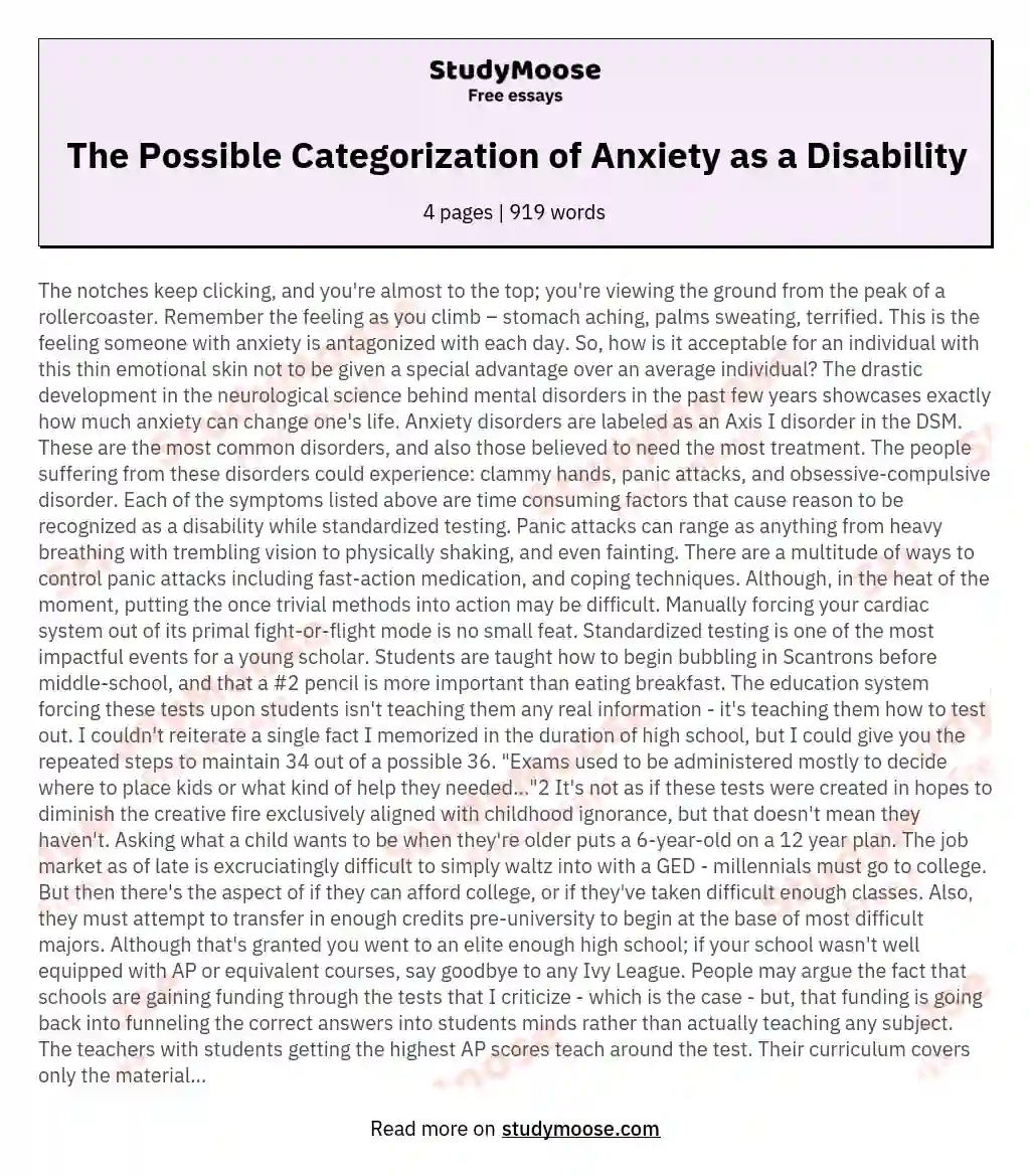 The Possible Categorization of Anxiety as a Disability essay