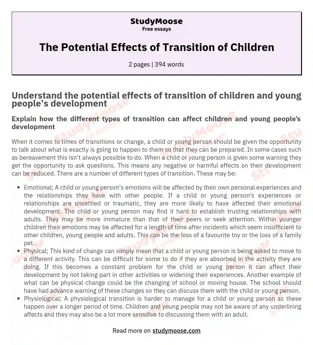 The Potential Effects of Transition of Children essay