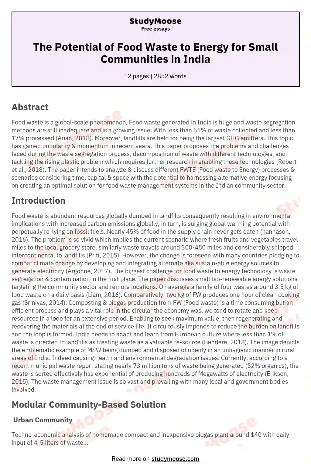 The Potential of Food Waste to Energy for Small Communities in India essay