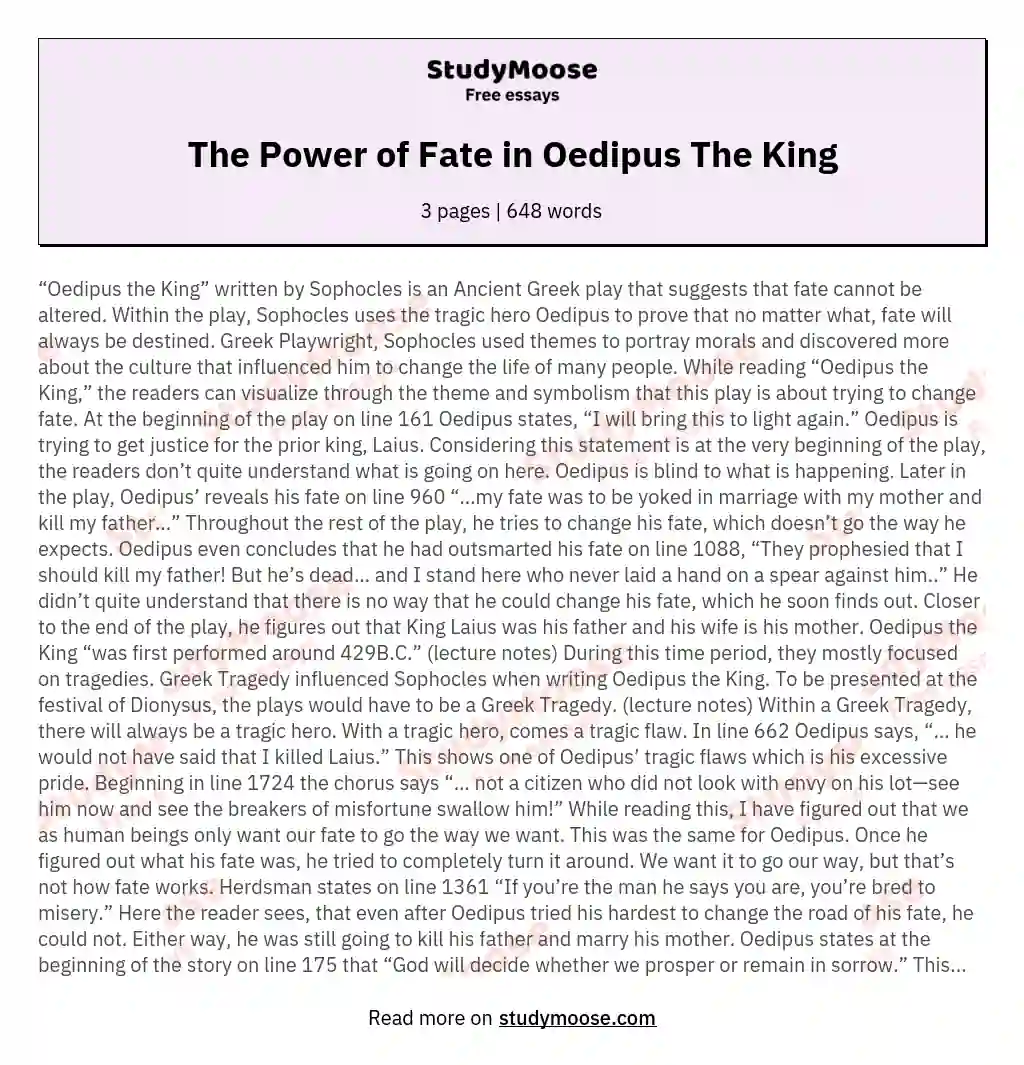 The Power of Fate in Oedipus The King essay