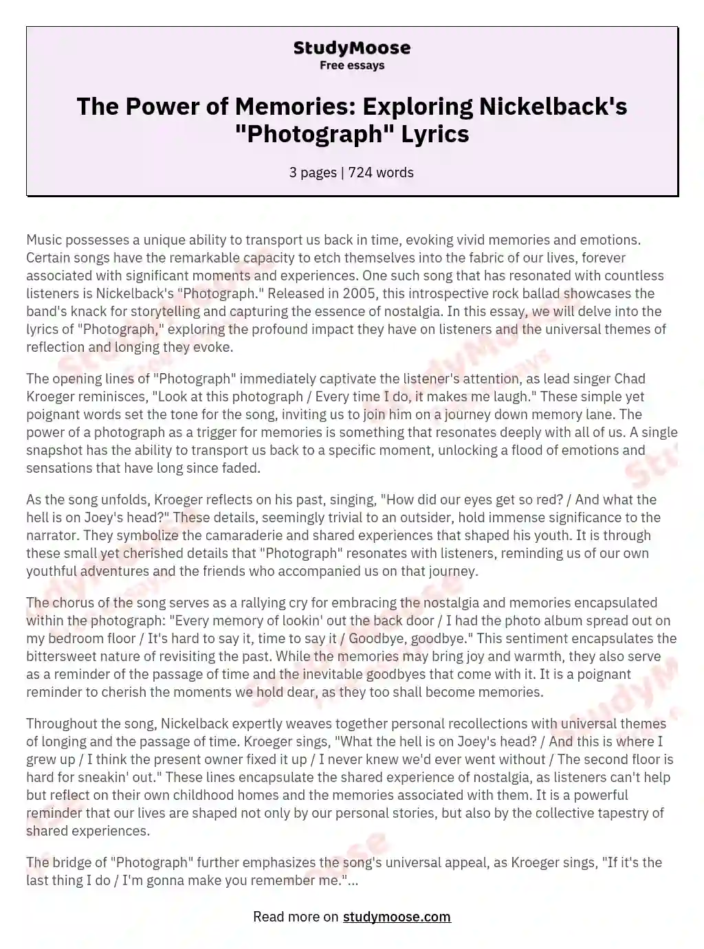 The Power of Memories: Exploring Nickelback's "Photograph" Lyrics essay