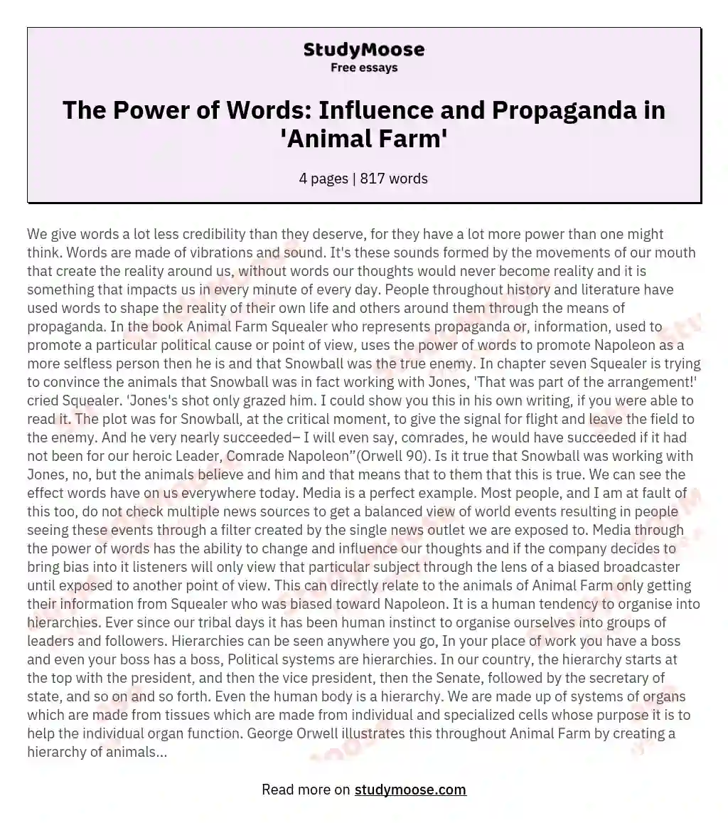The Power of Words: Influence and Propaganda in 'Animal Farm' essay