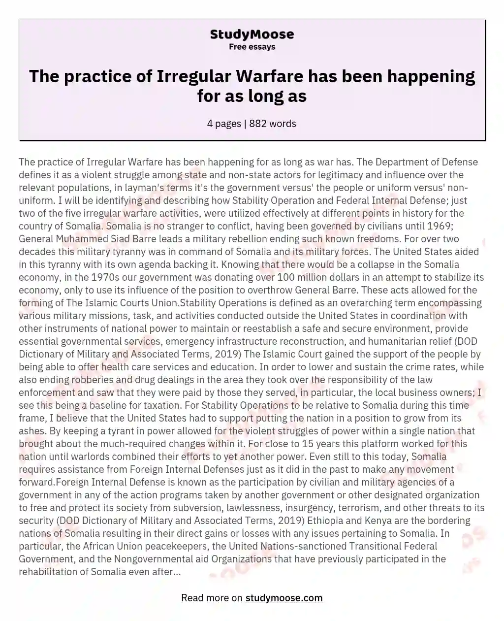 The practice of Irregular Warfare has been happening for as long as essay