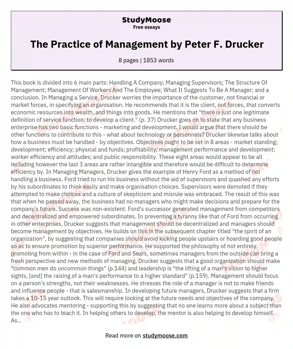 The Practice of Management by Peter F. Drucker essay