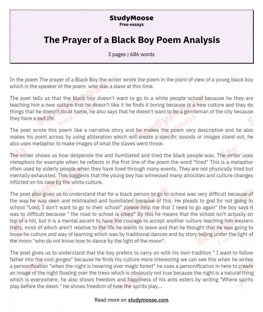 The Prayer of a Black Boy Poem Analysis