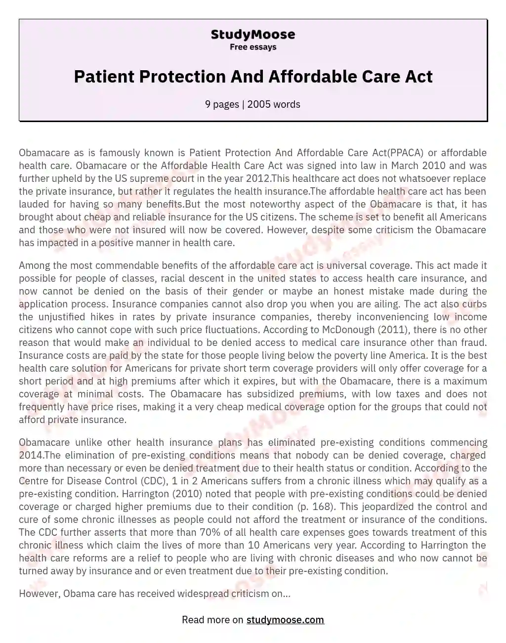 Patient Protection And Affordable Care Act