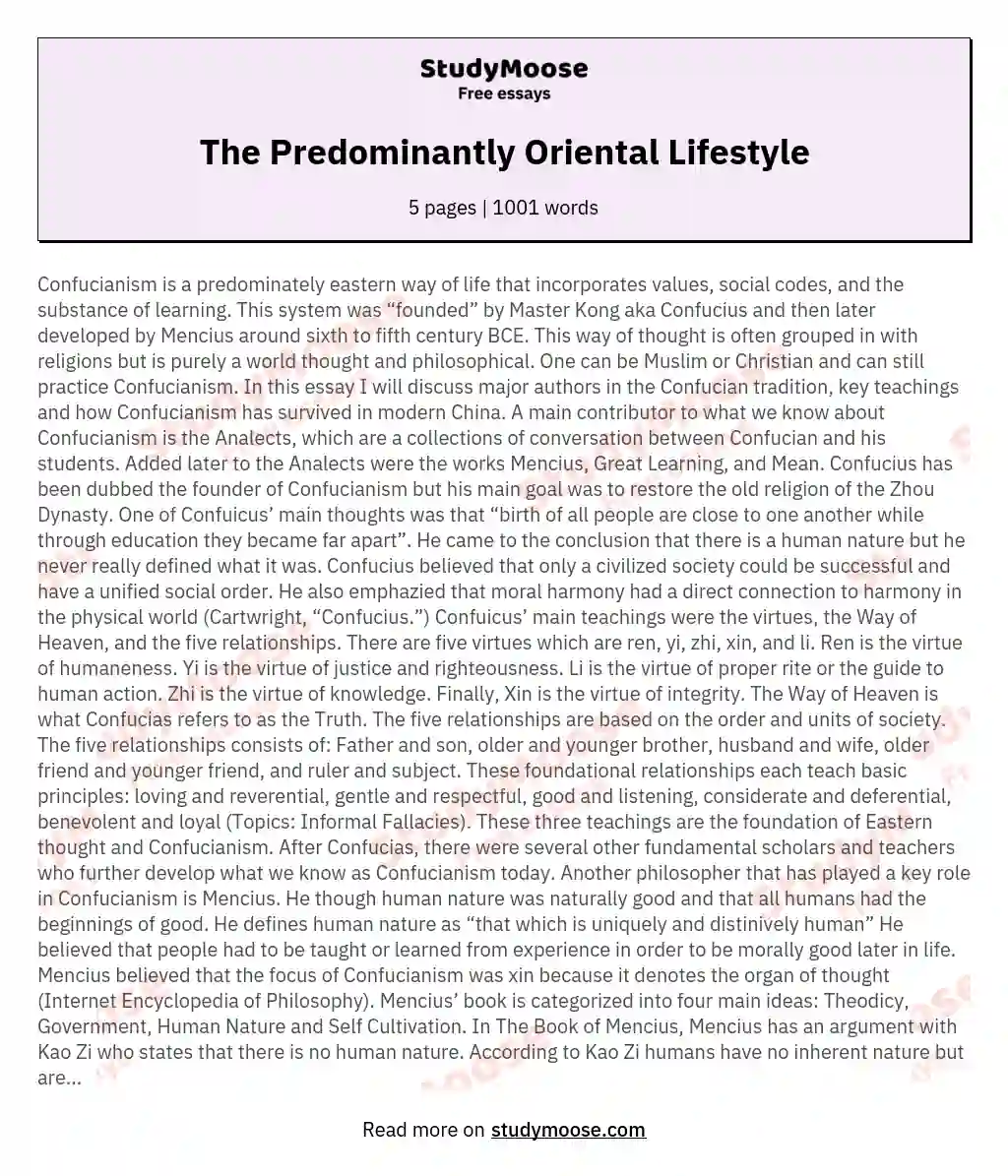 The Predominantly Oriental Lifestyle essay