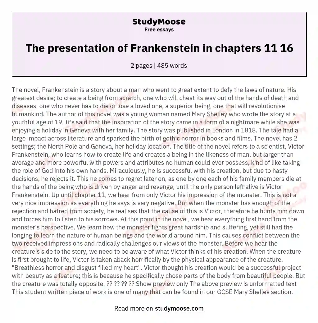 The presentation of Frankenstein in chapters 11 16 essay