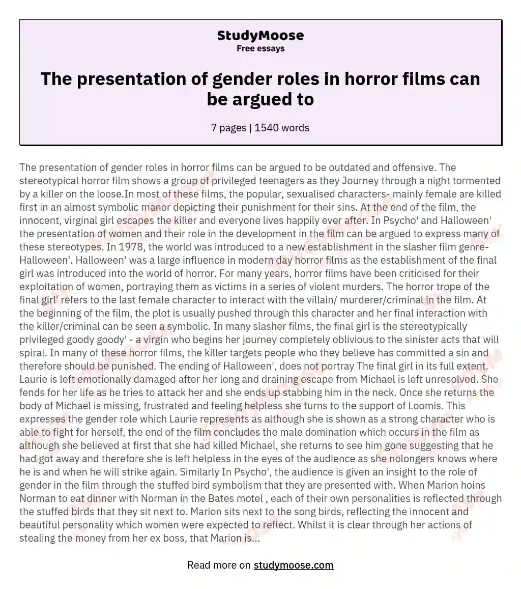 The presentation of gender roles in horror films can be argued to essay