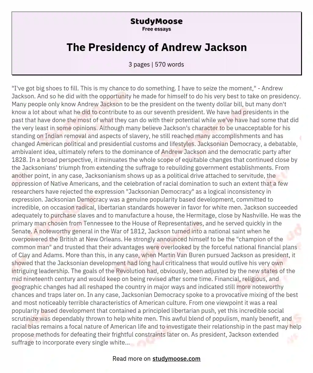 The Presidency of Andrew Jackson essay