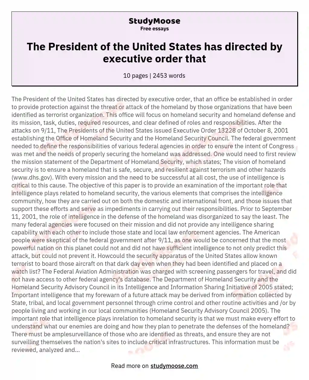 The President of the United States has directed by executive order that essay