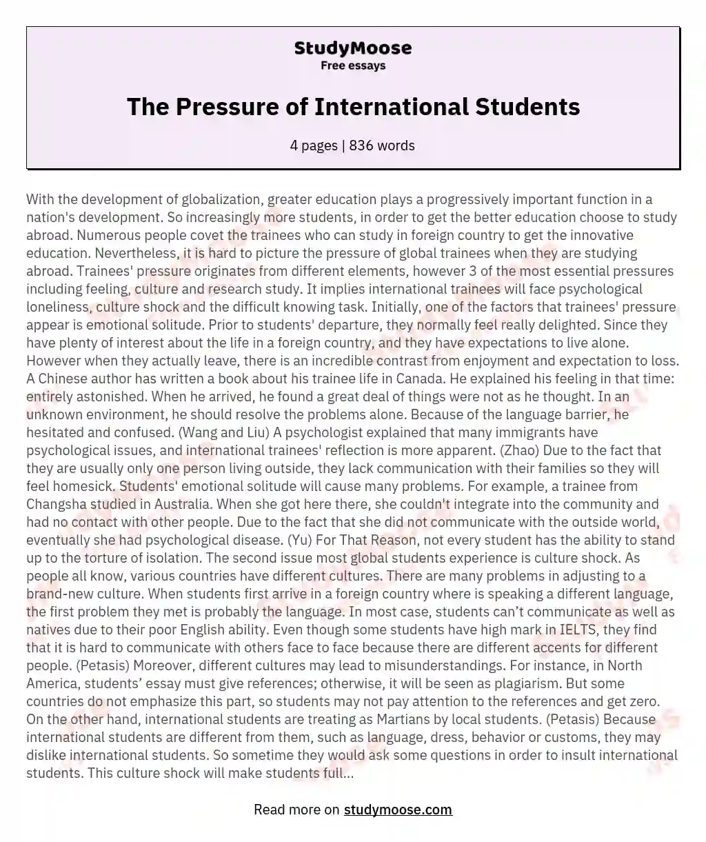 The Pressure of International Students essay