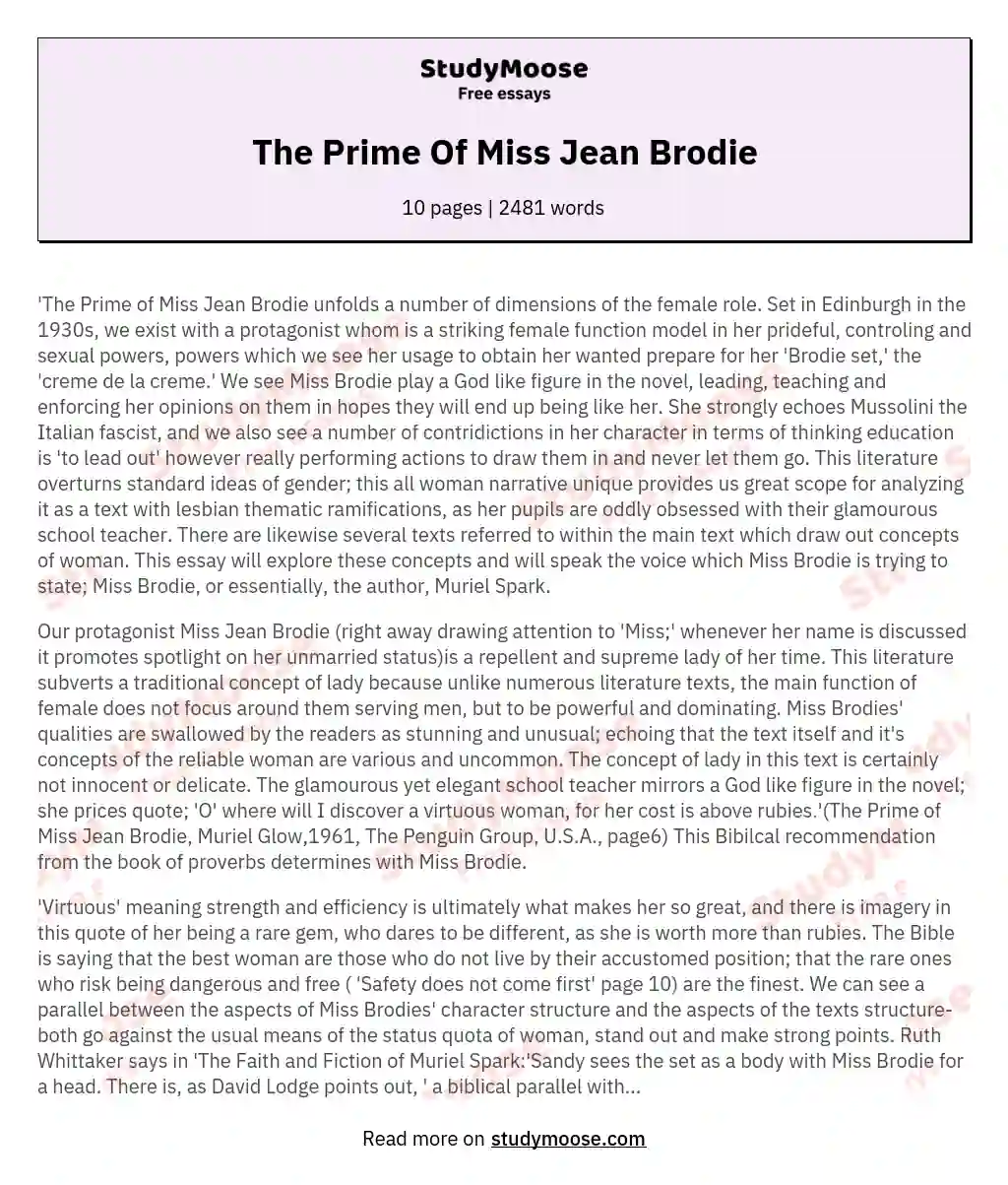 The Prime Of Miss Jean Brodie essay