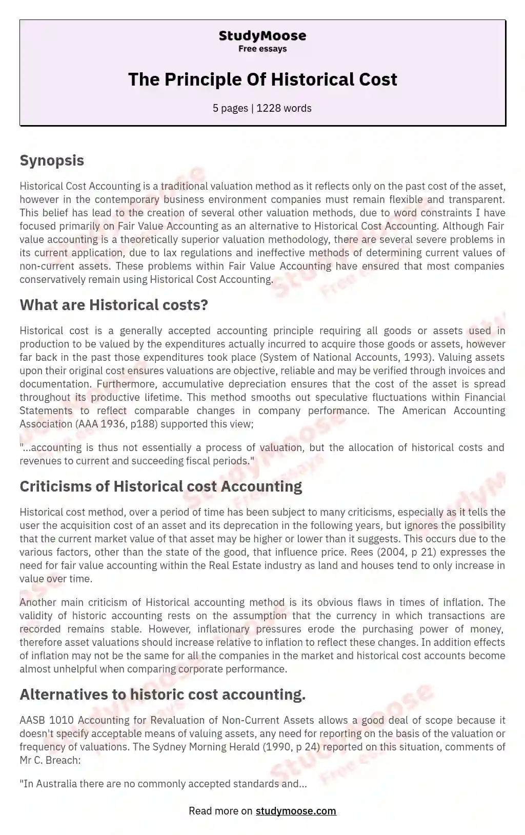 The Principle Of Historical Cost essay