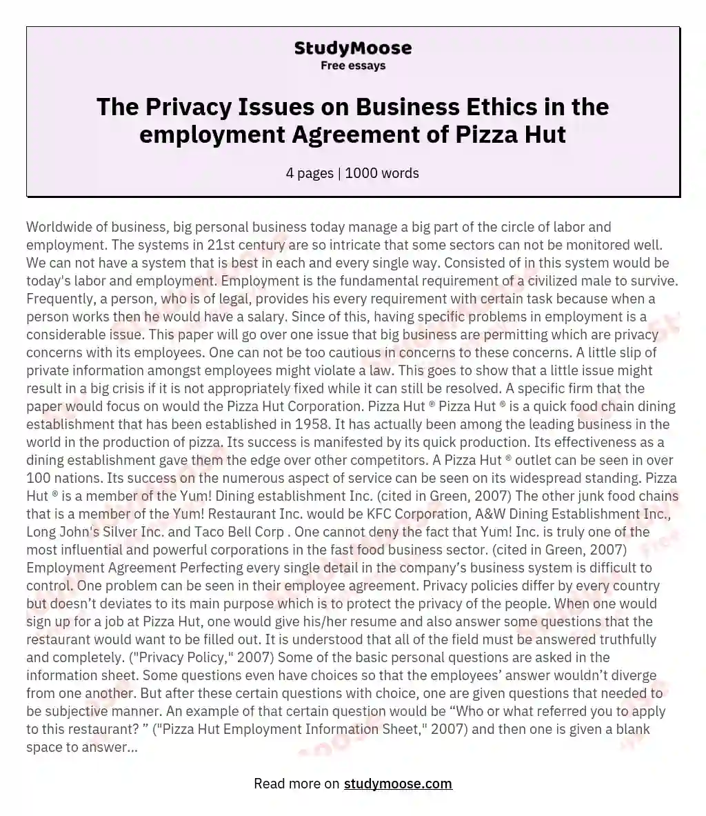 The Privacy Issues on Business Ethics in the employment Agreement of Pizza Hut essay