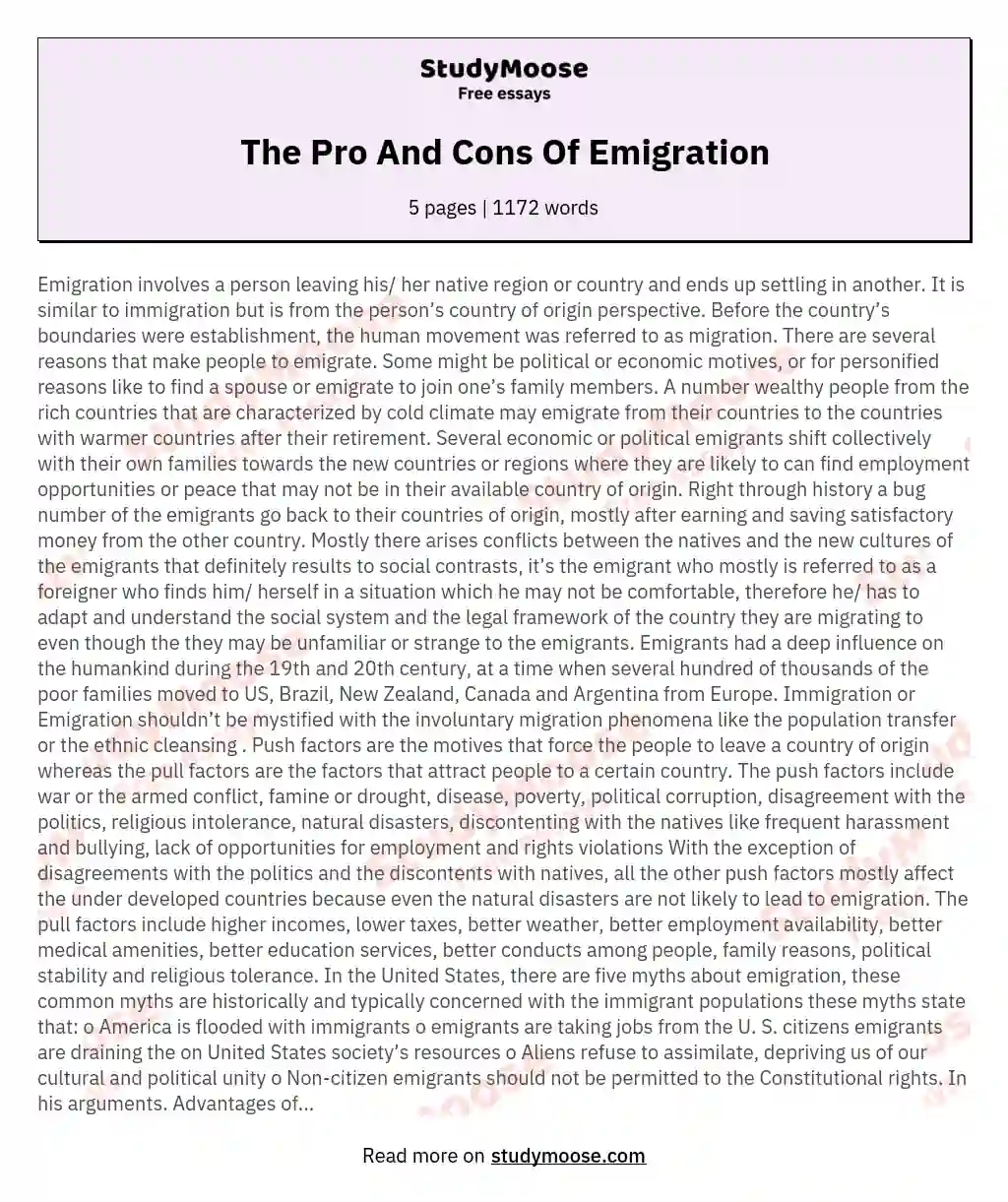 The Pro And Cons Of Emigration essay