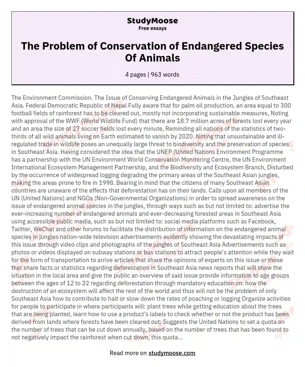 The Problem of Conservation of Endangered Species Of Animals essay